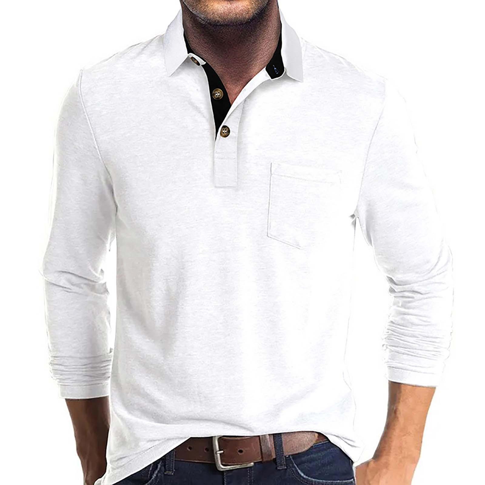 

Men s Spring And Color T-shirt Lapel 3 Button Open Placket Button Long Sleeved Top XL білий