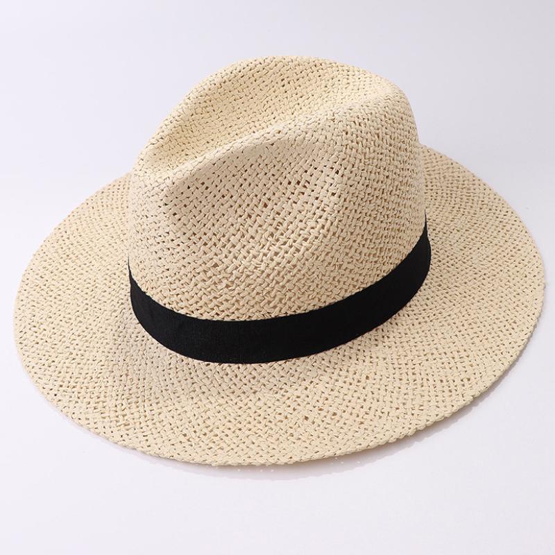 HT3119 Fedoras Black Band Straw Hat Men Women Wide Brim Summer Hat Male Female Panama Hat Beach Cap Unisex Flat Brim Beach Hat