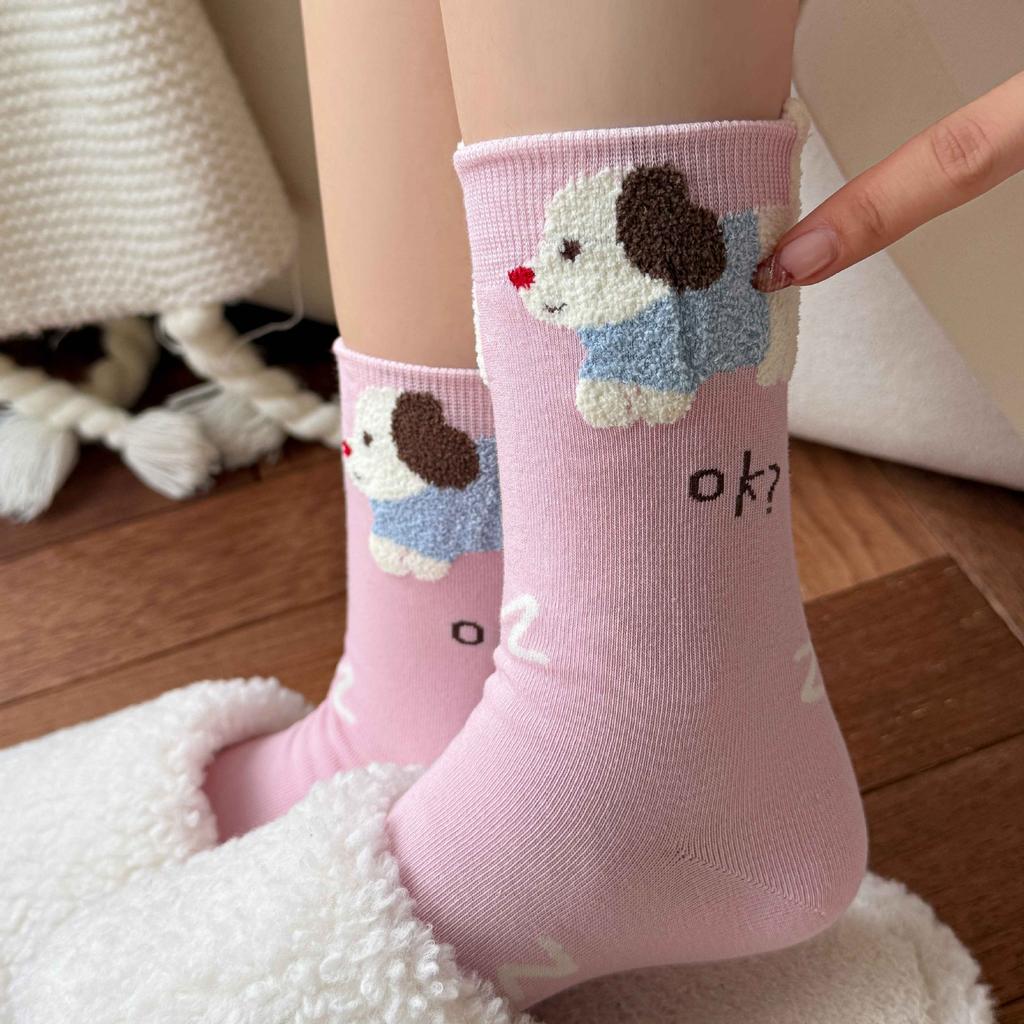 Boneless Socks Medium Tube Socks Flocked Cotton Socks Monsoon Cute Cartoon Bear Sweat-Absorbing Stockings