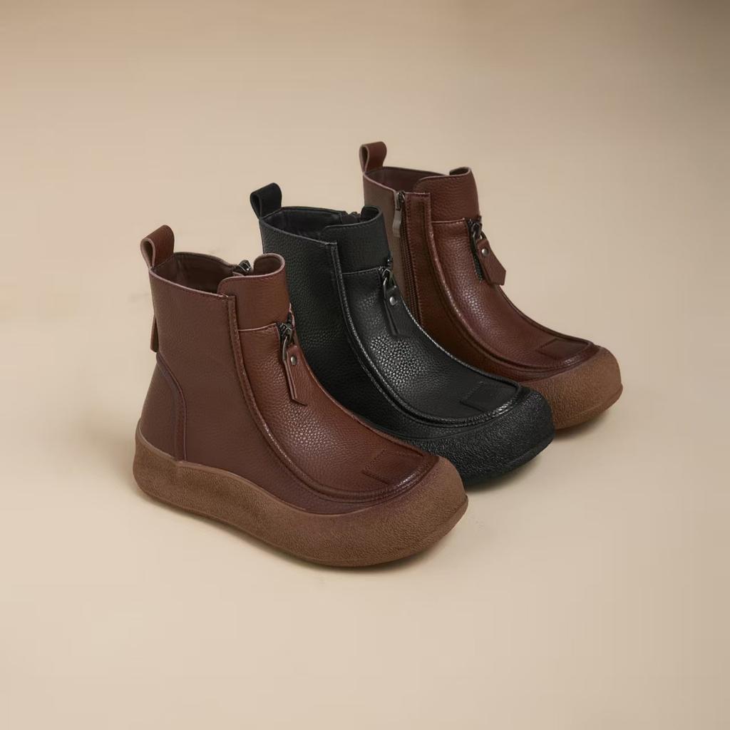Autumn and winter new leather short boots women's flat-bottomed casual British style Martin boots soft-soled versatile fashion round boots women