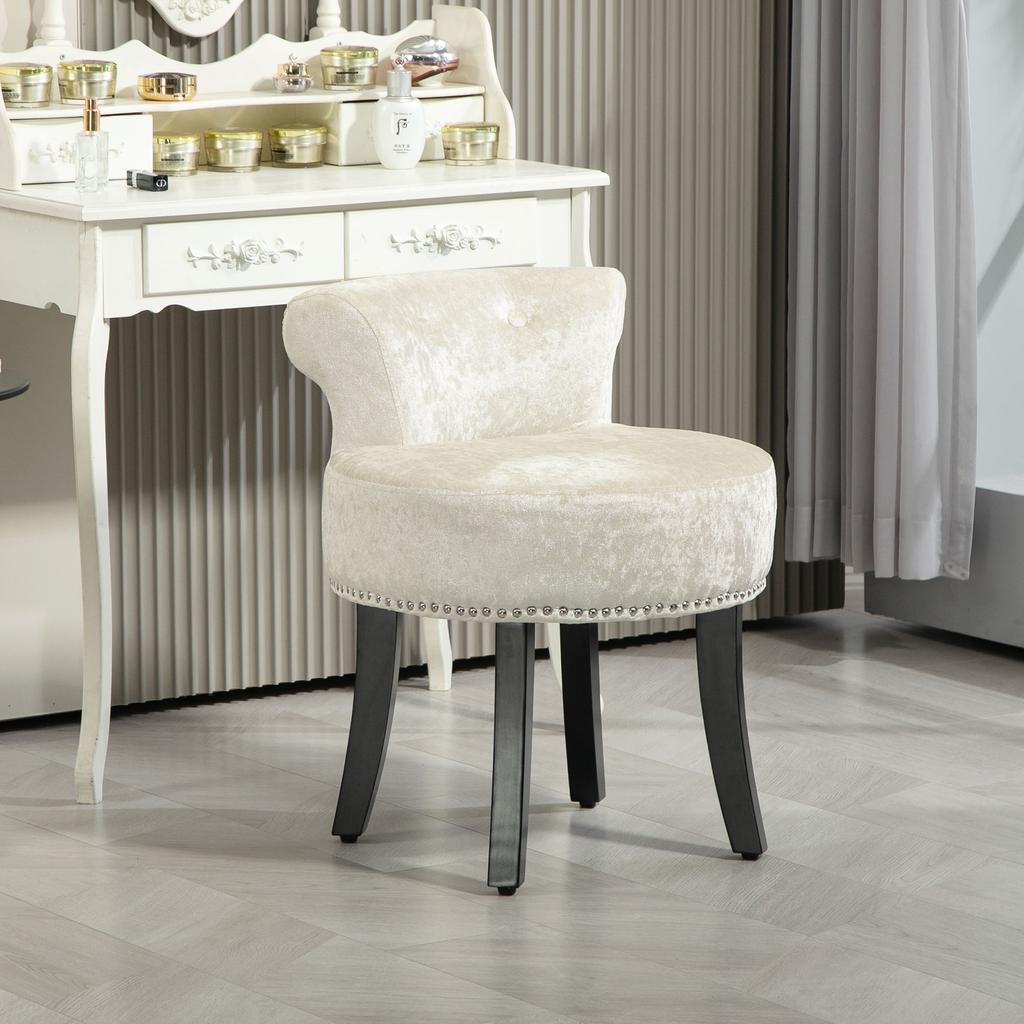 Dressing Table Stool with Rubber Wood Legs, Ice Velvet Vanity Stool for Living Room Bedroom, Beige