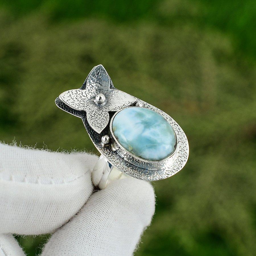 Natural Larimar Gemstone Promise Adjustable Ring 925 Sterling Silver For Women Adjustable