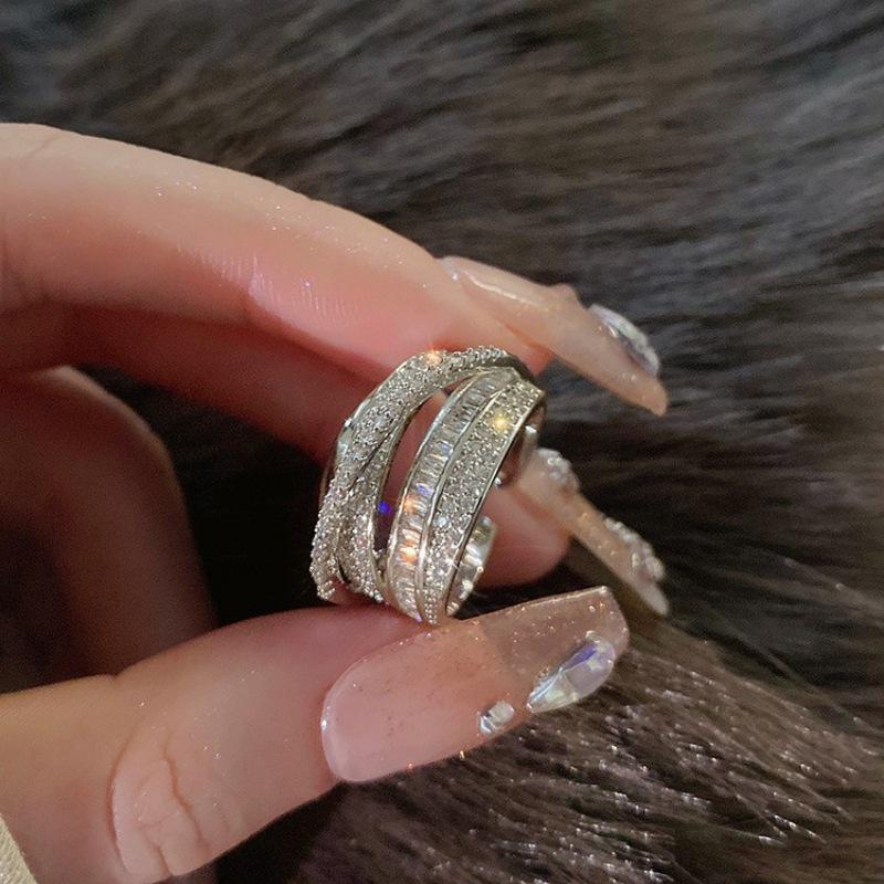 S925 Silver Plated Open Crossover Ring for Women, Wide Band, Trendy Light Luxury Style with Simple Lines for Index Finger.