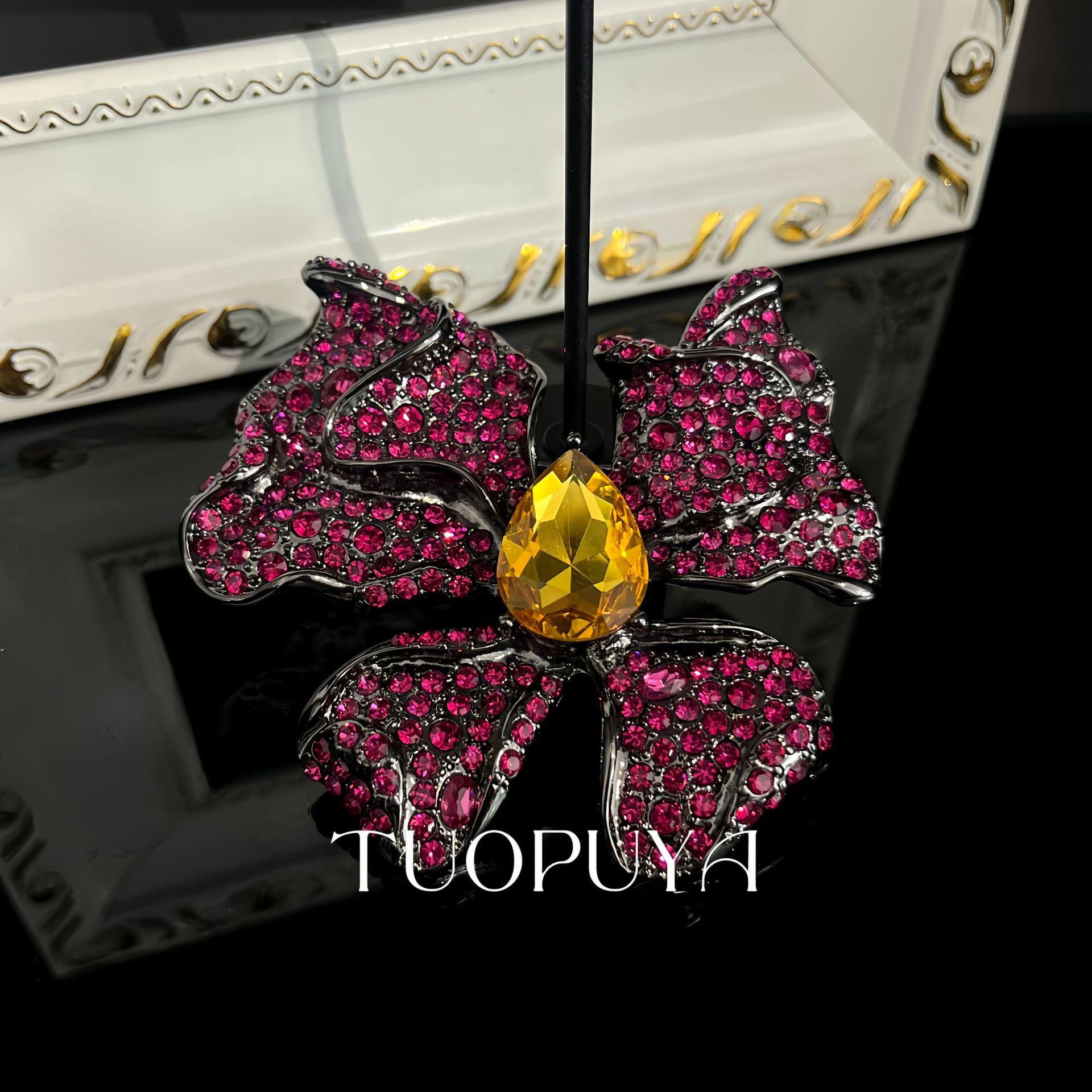 Luxury Diamond Butterfly Brooch with Yellow Water Drop Accents in Black Gold Finish