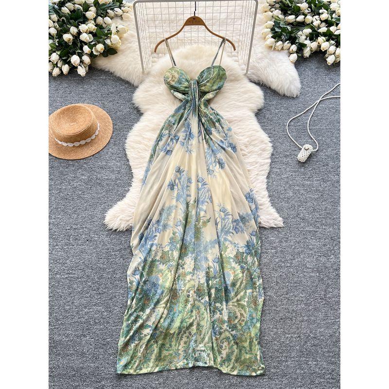French Style Holiday Style Dress Women 2025 Summer Niche Design Sense Bustier Irregular Print Long Skirt
