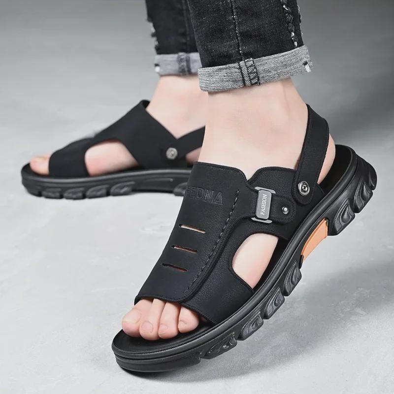 Aoweigezi 2023 Men's Summer Soft Leather Non-slip Beach Sandals with Thick Sole.