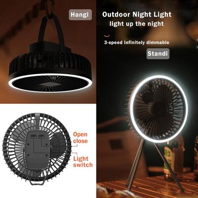 Moderní dobíjecí stolní přenosný malý kempingový ventilátor s oběhovým bezdrátovým stropním ventilátorem s LED světlem