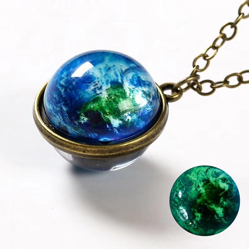 Earth Moon Planet Glass Ball Noctilucent Pendant Necklace Double-sided Luminescent Galaxy Nebula Cosmic Choker Jewelry for Women