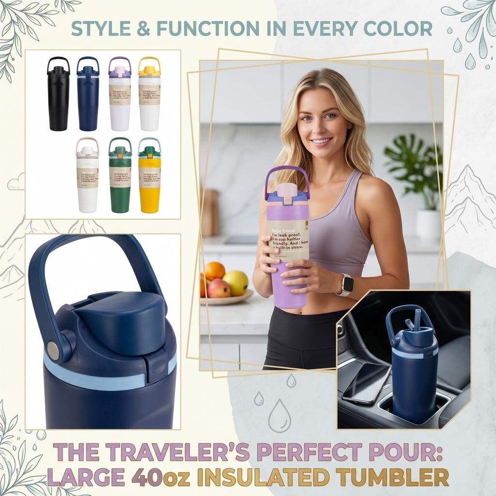 Stainless Steel Large Capacity Insulated Water Bottle Leak Proof Travel Mug with Built in Straw and Handle for Outdoor Use