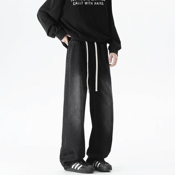 New Spring Style Full Elastic Drawstring Waist-headed Lysel Jeans Men's High Street Wide-leg Floor Pants