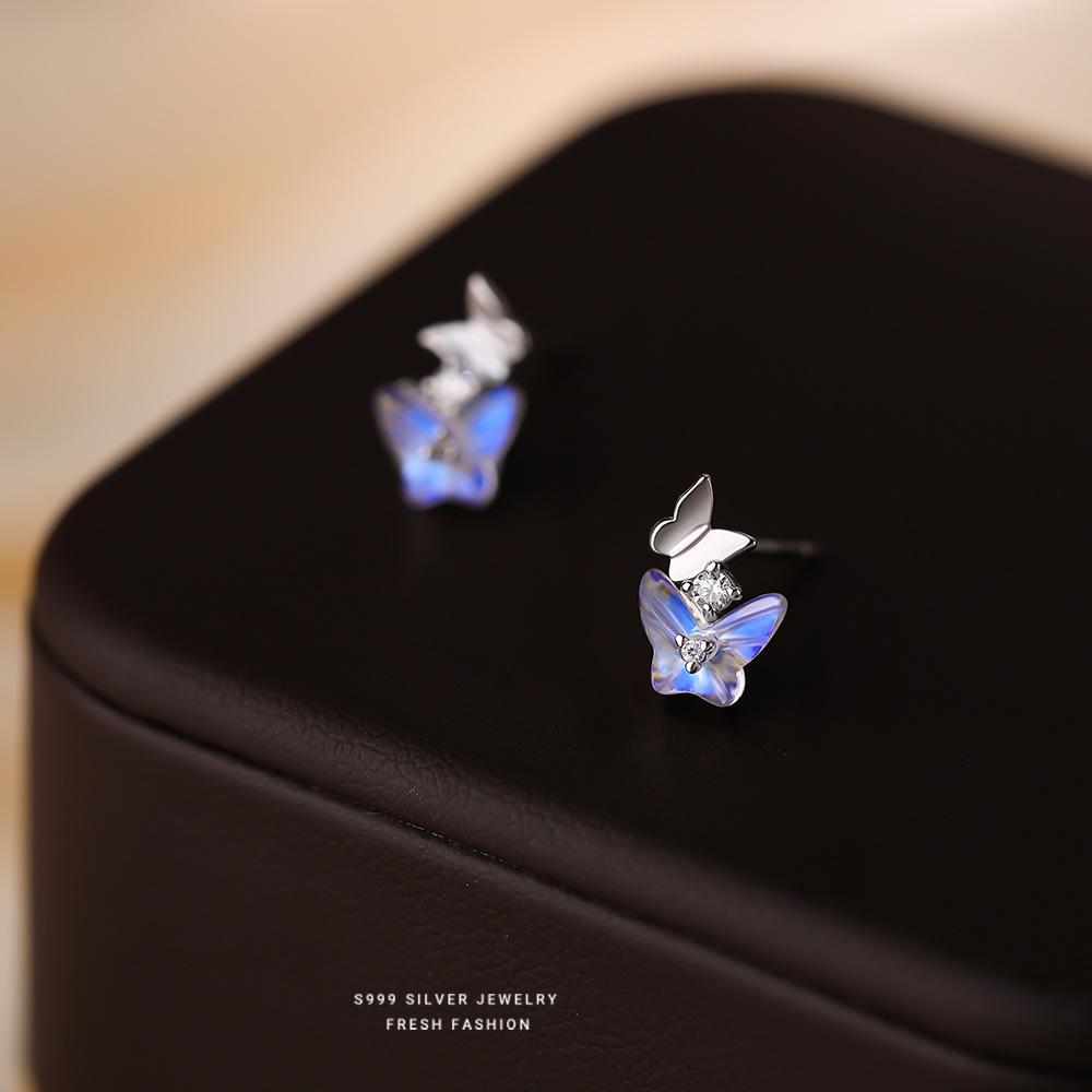 S999 Sterling Silver Colorful Colored Glaze Butterfly Stud Earrings, Dainty Fresh Fashion Jewelry for Women