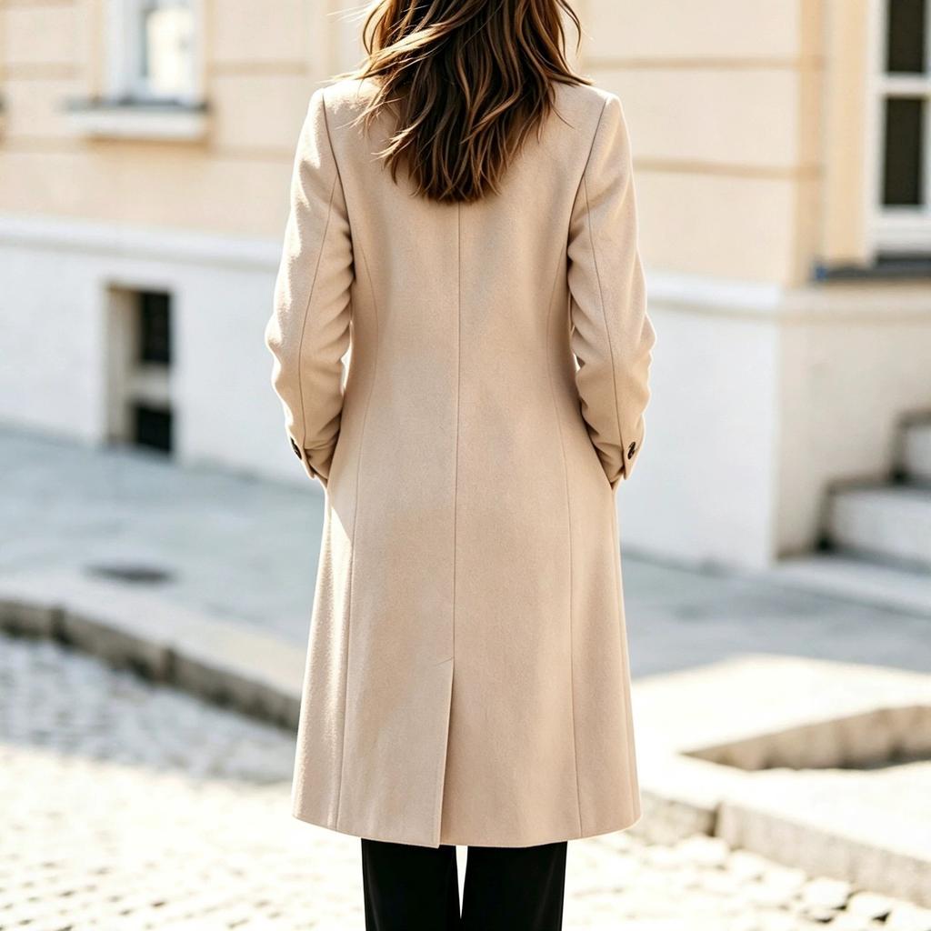 Amazon European and American women's clothing autumn and winter fashionable and simple double-breasted long-sleeved solid-color woolen jacket