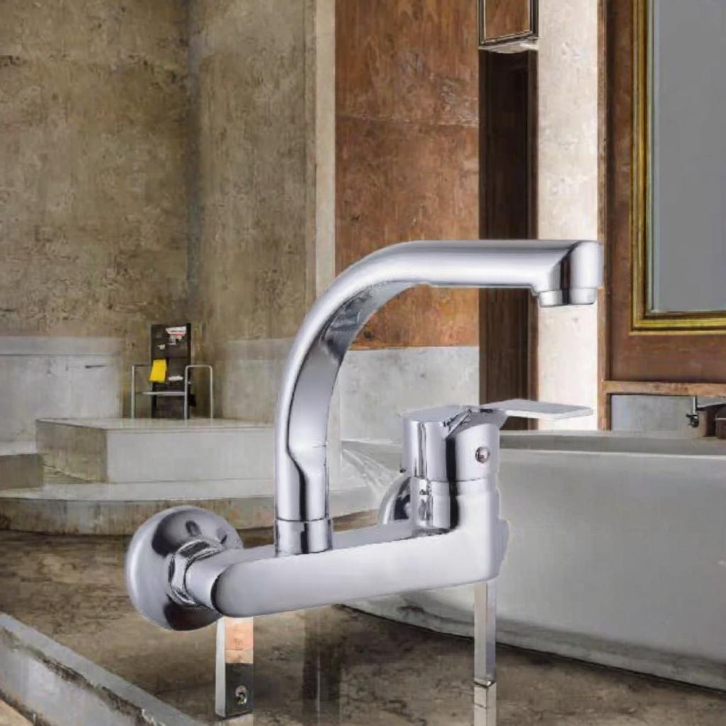 Modern Single Handle Wall-Mounted Kitchen 360 Degree Rotation Zinc Alloy Polished Mixer Tap Ceramic Valve Core Single Hole