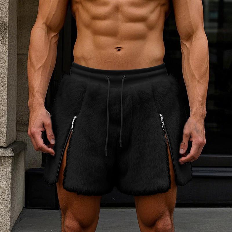 INCERUN Men Drawstring Elastic Waist Zip-up Hem Furry Mini Shorts Pants