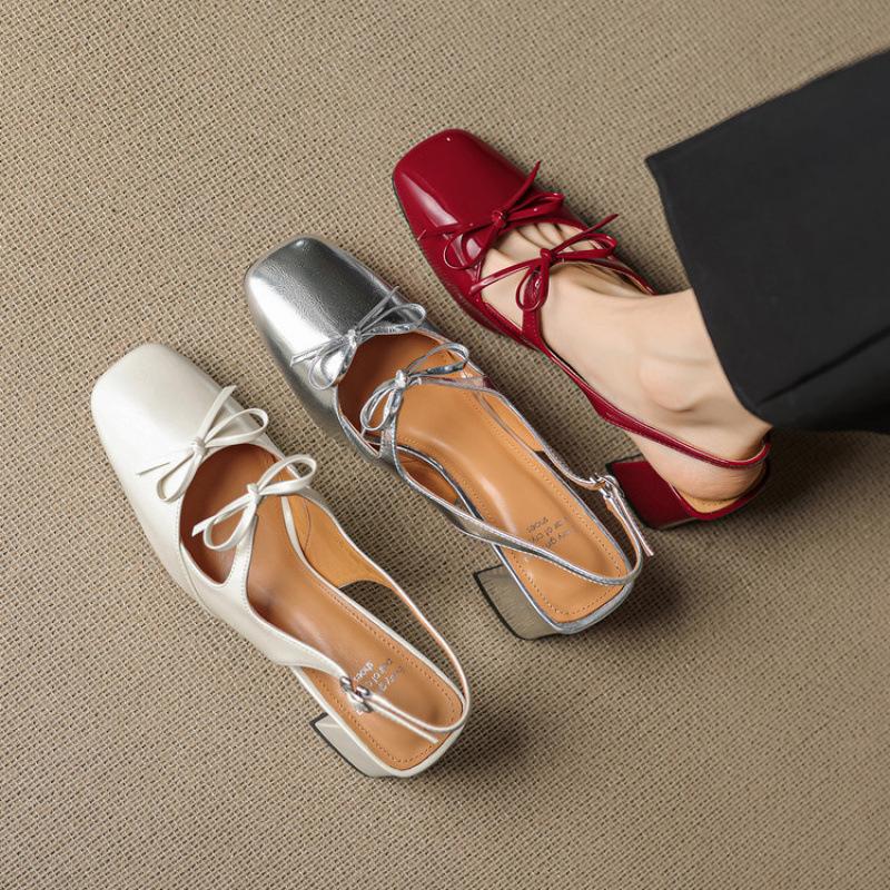 New large-size high-heeled sandals summer leather baotou sandals casual patent leather beef tendon soft sole rear empty sandals square heel