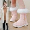 Girls Leather Snow Boots Warm Shoes for Winter Kids Princess Boots with Fur    Sweet Girls Long Boots with Bow