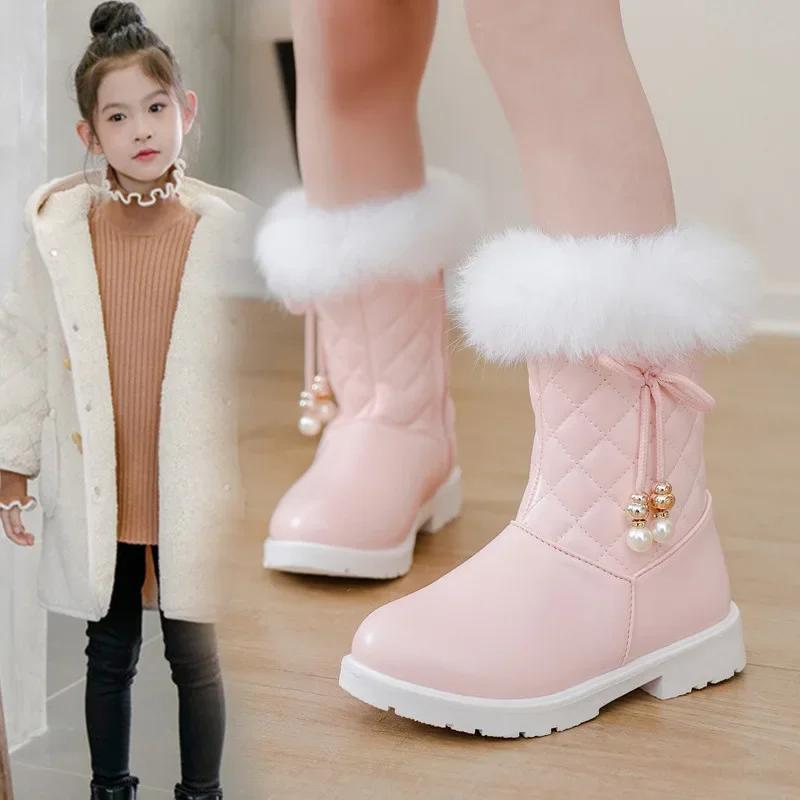 Girls Leather Snow Boots Warm Shoes for Winter Kids Princess Boots with Fur Sweet Girls Long Boots with Bow