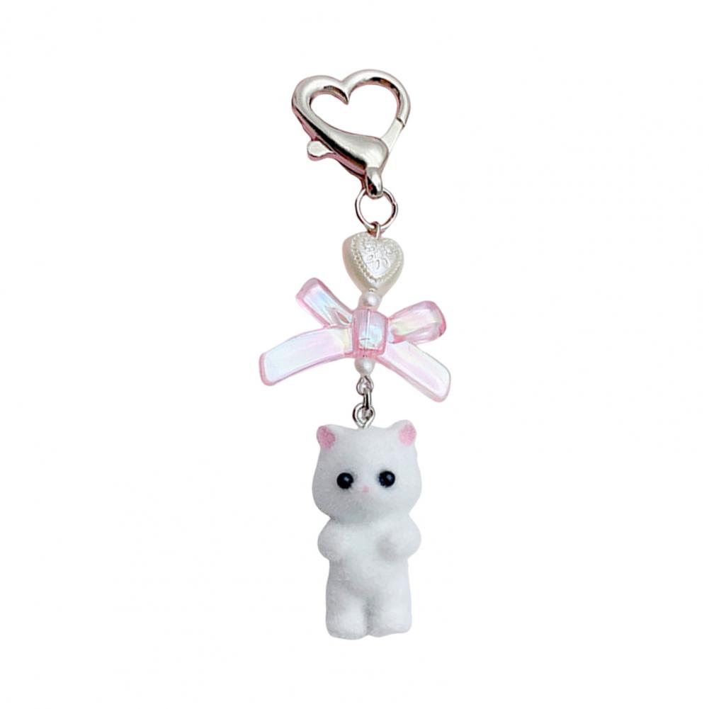 Heart Shape Keyring Flocked Cat Pendant Keychain with Bowknot Decor Heart Shape Fashionable Hanging Ornament for Wallet Backpack