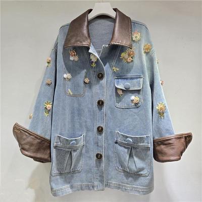 2025 Autumn/Winter Women's Floral Beaded PU Leather and Denim Color Block Jacket