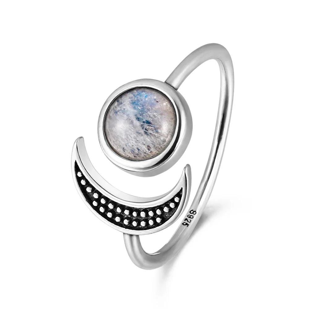 Moonstone CopperMoon Ring, Vintage Crescent & Starry Pattern Open Ring, Boho Women's Fashion Jewelry Cross-Border Gift
