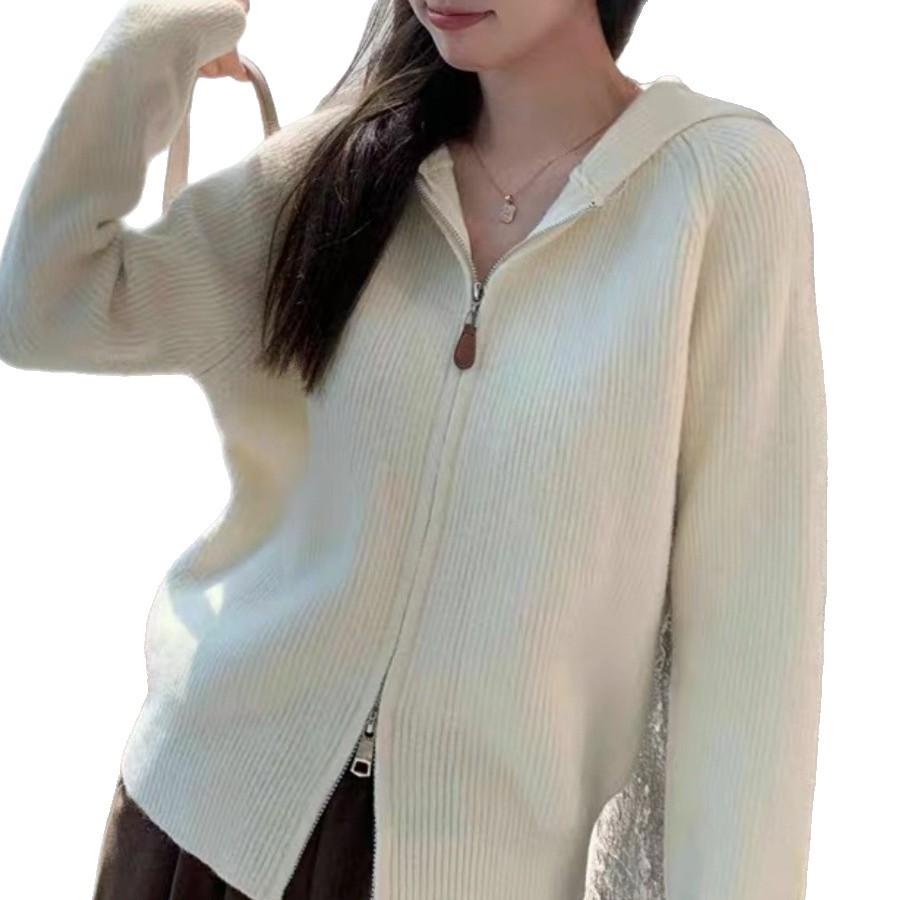Women's Loose Fit Double Zipper Hooded Knit Cardigan - Cashmere Sweater for Autumn & Winter