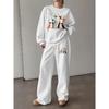 Women's Cartoon Dog Print Crewneck Sweatshirt & Drawstring Straight Pants Set - Loose Fit Casual 2-Piece Outfit