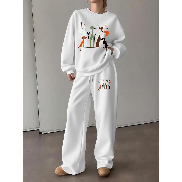 Women's Cartoon Dog Print Crewneck Sweatshirt & Drawstring Straight Pants Set - Loose Fit Casual 2-Piece Outfit