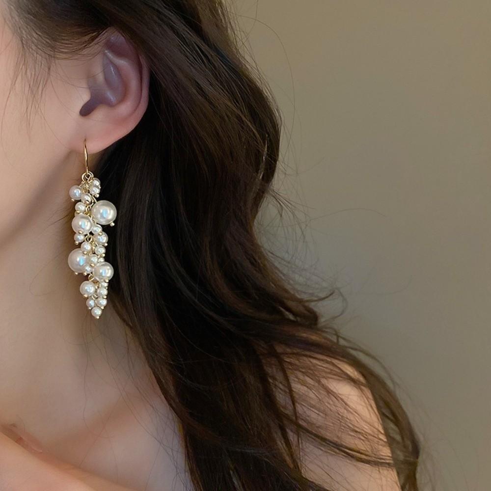 Leaf and Grape Pearl Tassel Ear Hook Grape Cluster Tassels Vintage Dangle Earrings  Daily