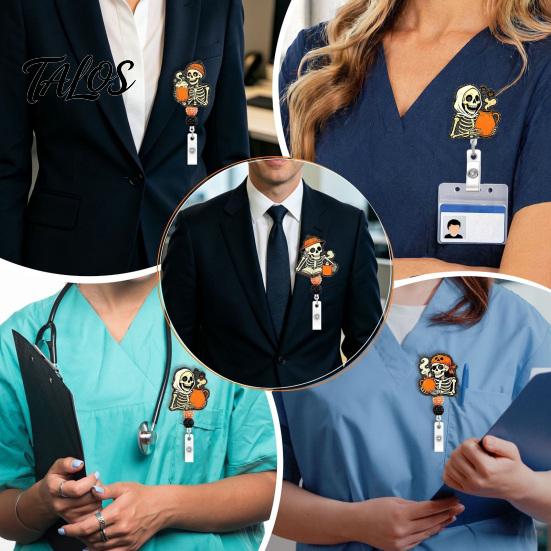 Personalized Badge Holder Halloween Retractable Reel, Skeleton And Pumpkin Design, Acrylic ID Card Office Id with Sturdy Metal Clip for Nurses