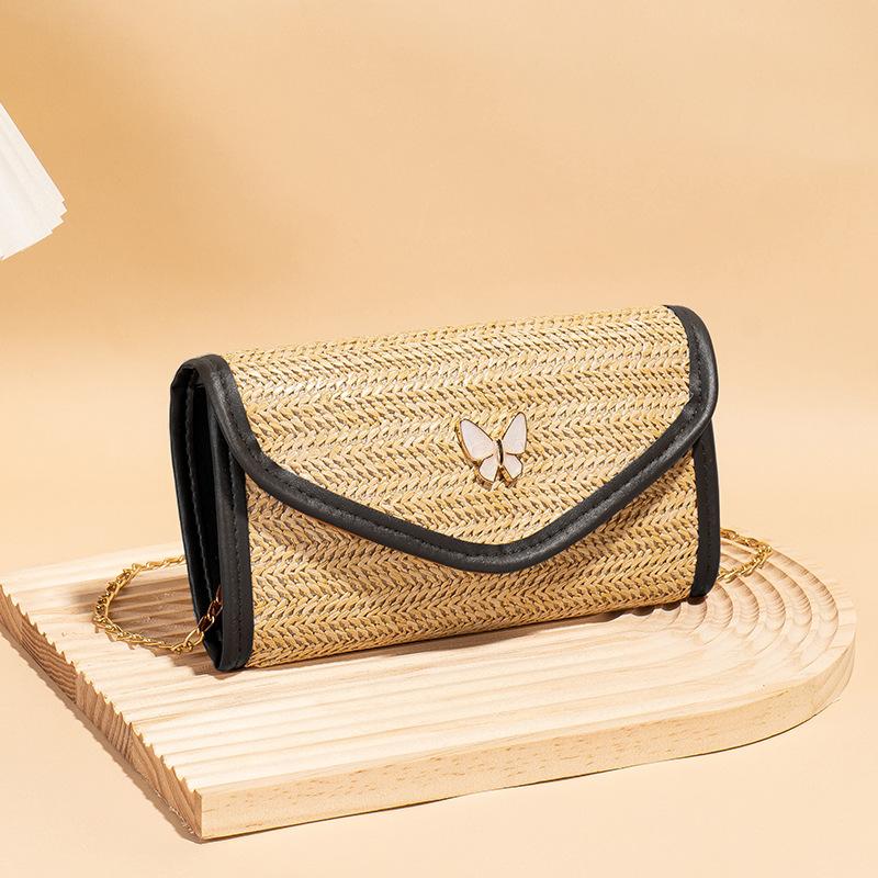 Straw Small Bag New Fashionable Women's Small Bag One Shoulder Crossbody Chain Bag Butterfly Woven Small Square Bag