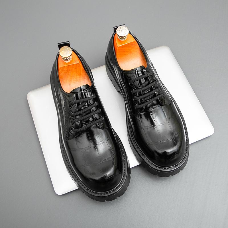 Fashion Spring Fashion Men Crocodile Leather Comfortable Thick Bottom Derby Shoes New Men's Retro Lace Up Business Casual Leather Shoes