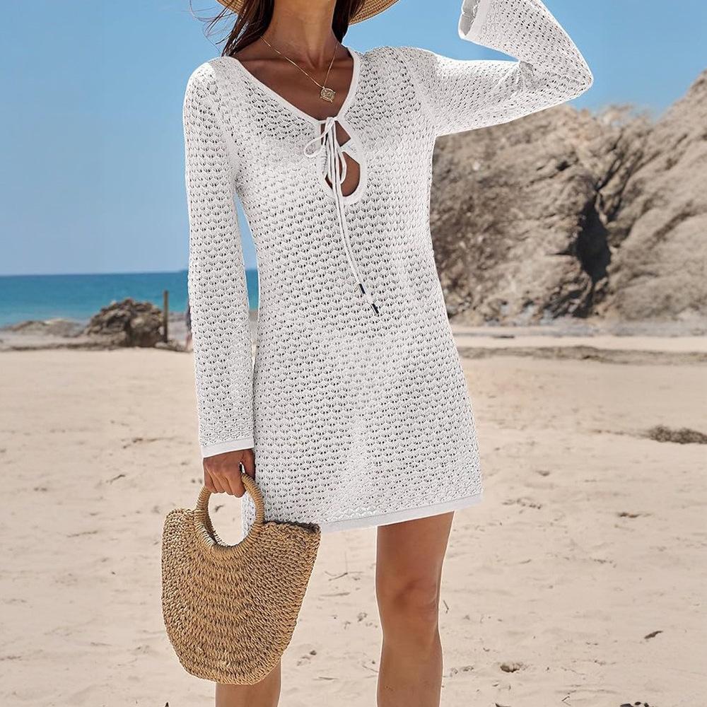 New Sexy Hollow V-neck Long-sleeved Knitted Beach Skirt Bikini Swimsuit Women's Dress