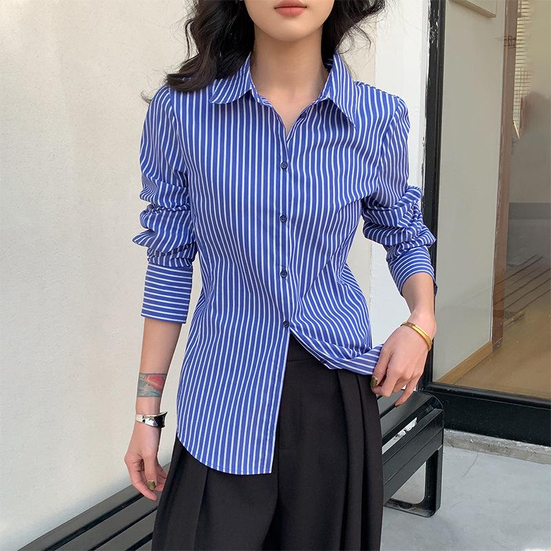 Women s Blue Striped Long Sleeve Waist-Cinching Layering Shirt - 2026 Spring Collection Large