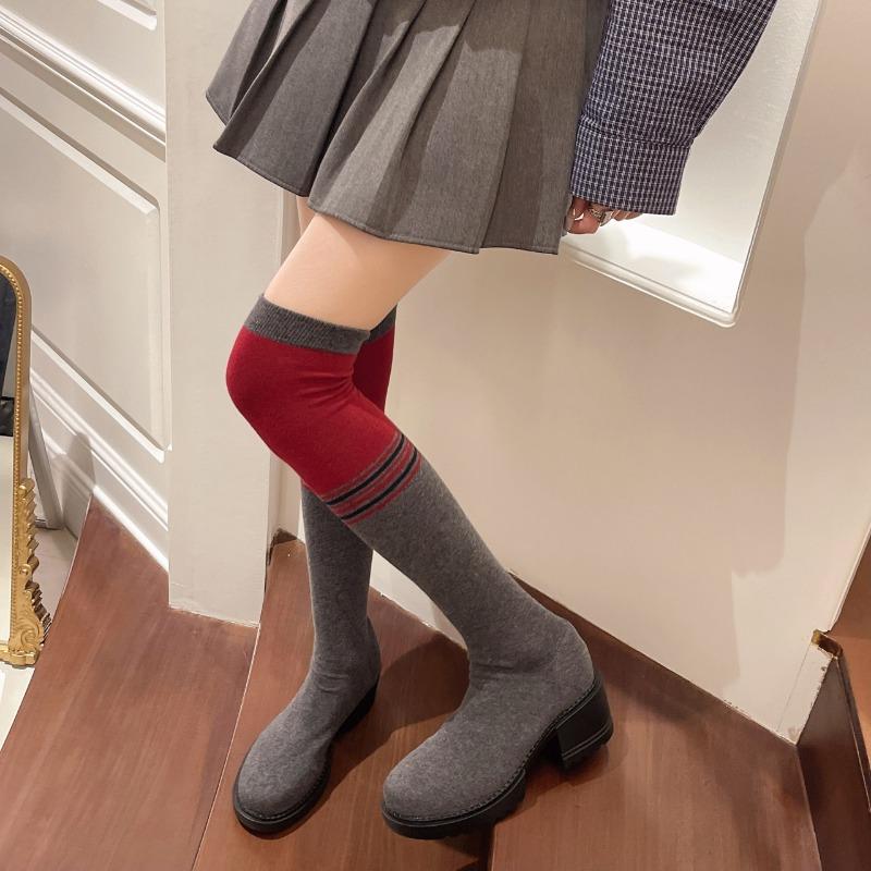 Fashion Long Legs Over The Knee Socks Boots for Women Spring and Autumn Round Toe Stretch Cloth Color Block Block Heel Stretch Boots