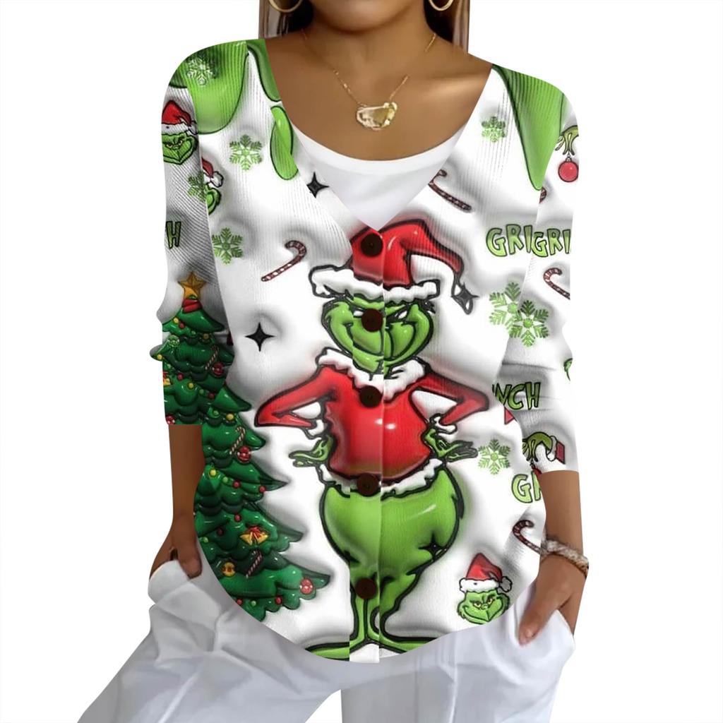 Women's Fashion Casual Knit Sweater Button-Up Christmas Print Cardigan Jacket