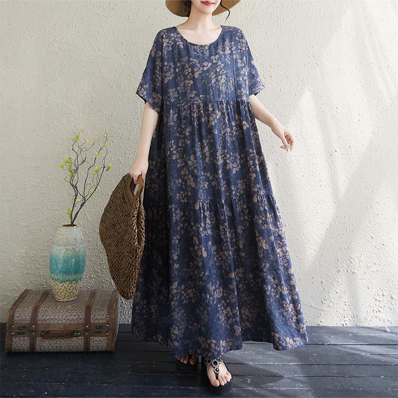 

Повсякденна вільна довга літня сукня з коротким рукавом, великий розмір, бавовняна вінтажна квіткова новинка в сукнях для жінок