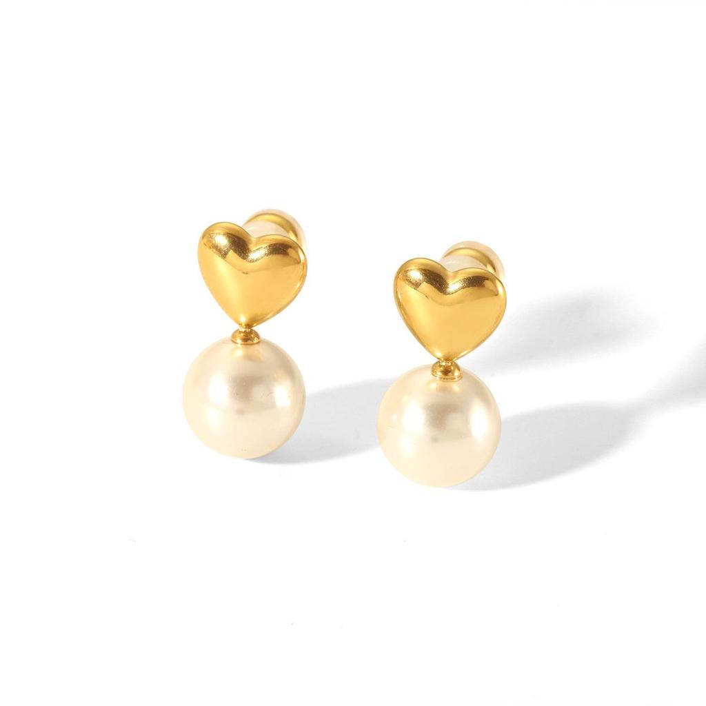Elegant Stainless Steel Heart Pearl Stud Earrings for Women, Light Luxury Titanium Steel with a High-End Feel
