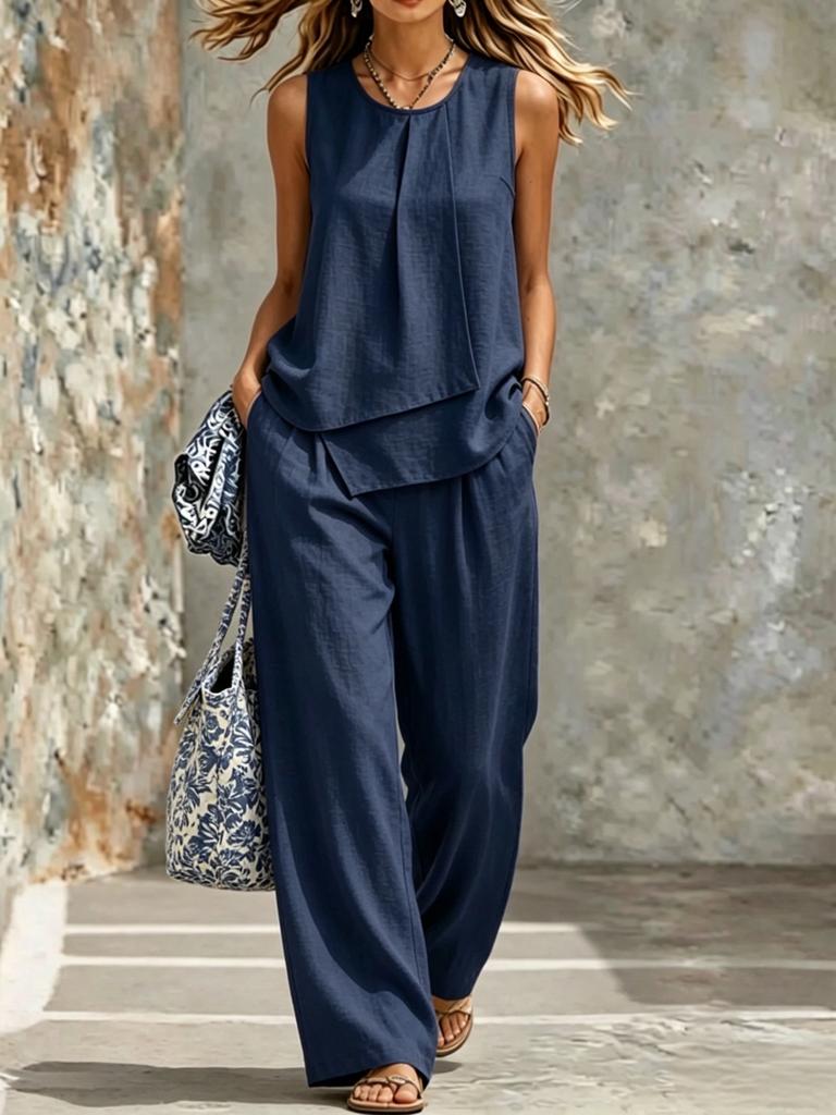 Women Sleeveless Front Pleated Crop Top Wide Leg Pants Set Solid Color Casual Outfit