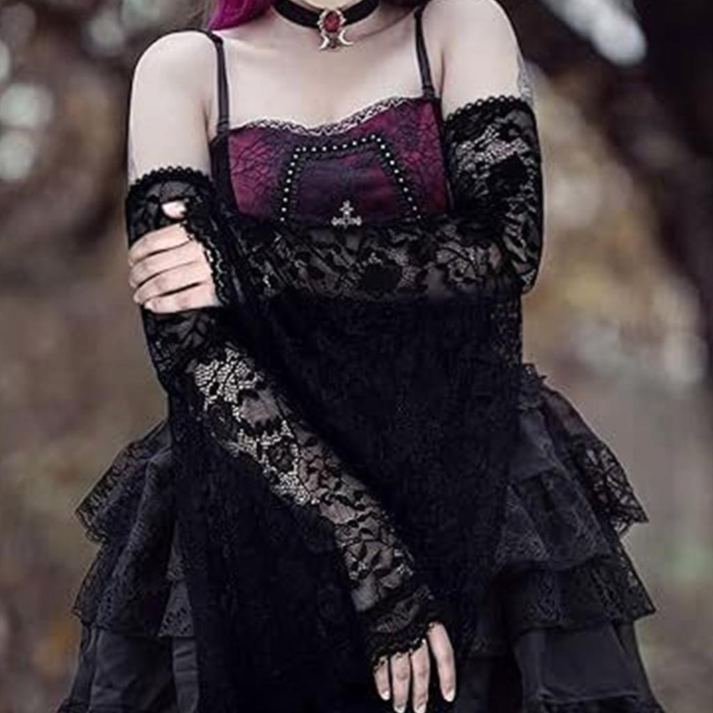 Gothic Lace Sleeves Witch Gloves Elegant Costume Armwear with Flare Cuffs for Theme Parties and Halloween Dressingup