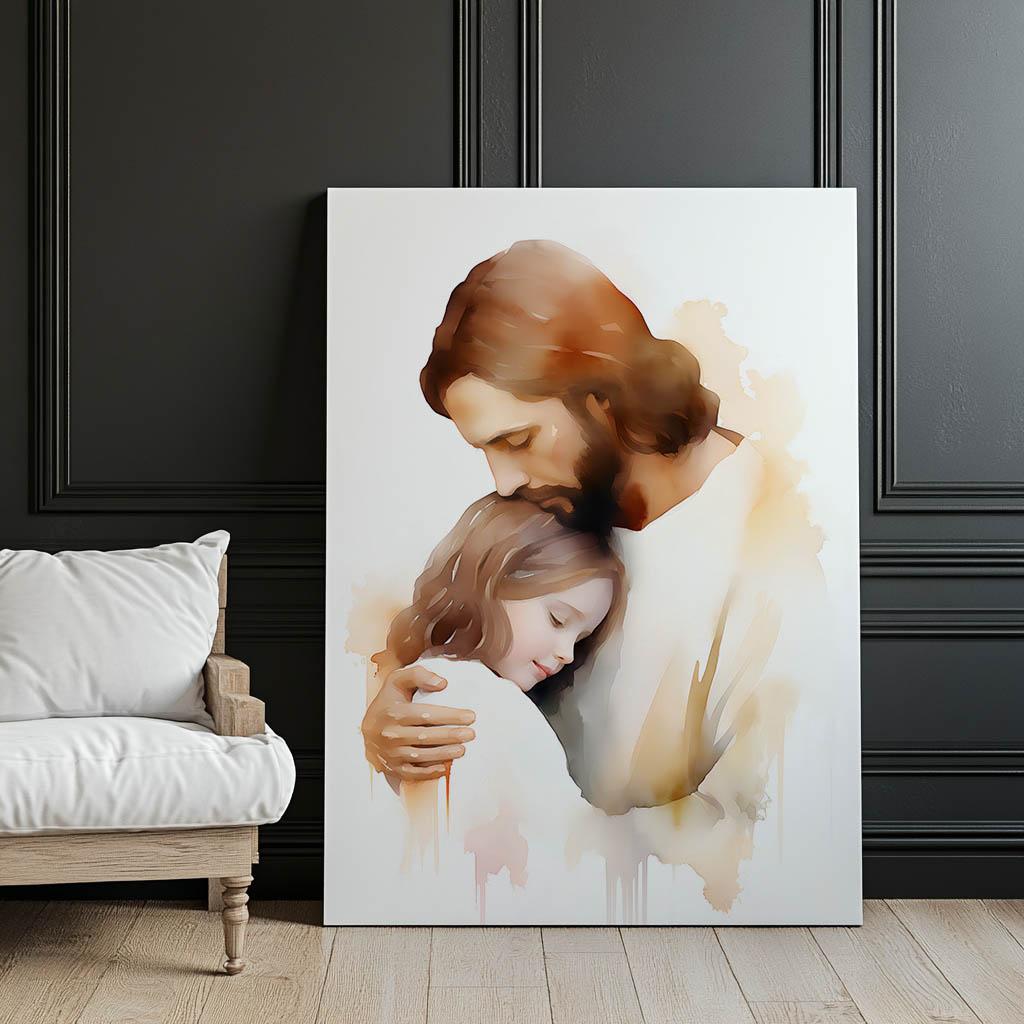 Embraces of Hope - Jesus Hugging a Girl Embraces of Hope - Jesus Hugging a Girl, 30X40 Cm, Black Aluminum Frame, 230 Matte Paper