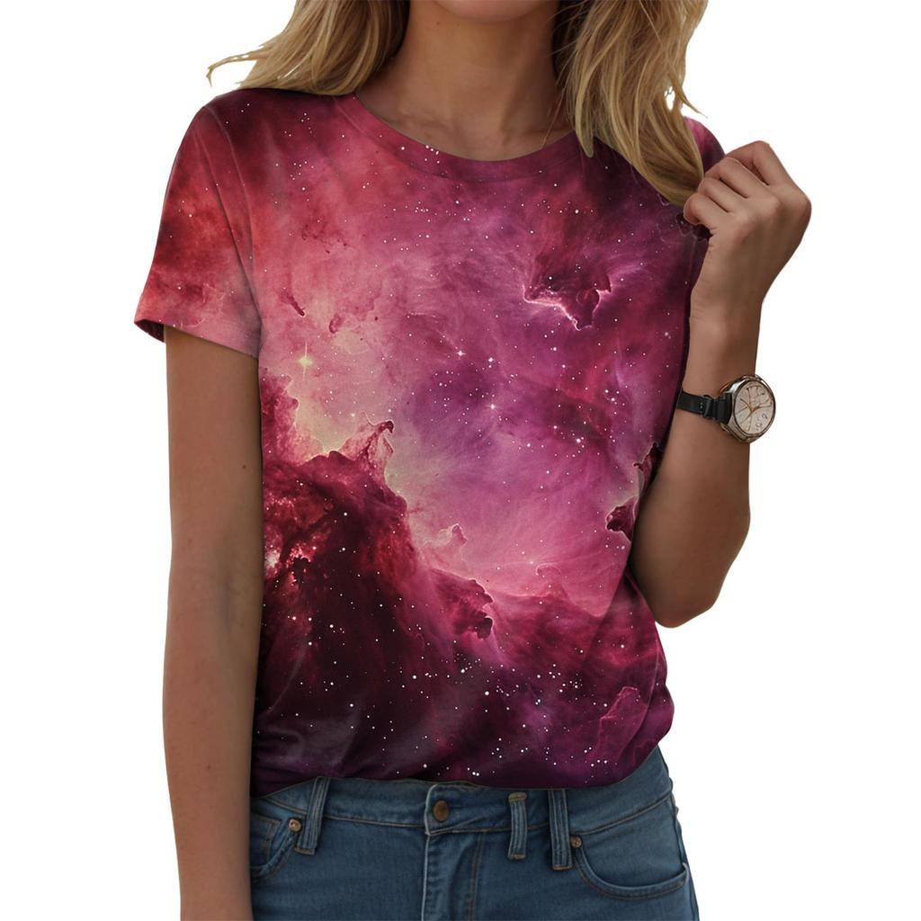 Women Galaxy Print T Shirts Glitter T-Shirts Fashionable Starry Sky Summer T-Shirts Round Neck Woman'S Summer Tops