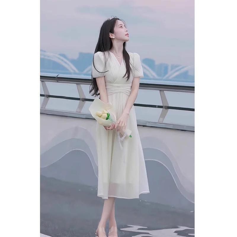 2026 Summer New Gentle Style Celebrity Temperament Waist Long Dress Summer Niche Short-sleeved Chiffon Fairy Dress