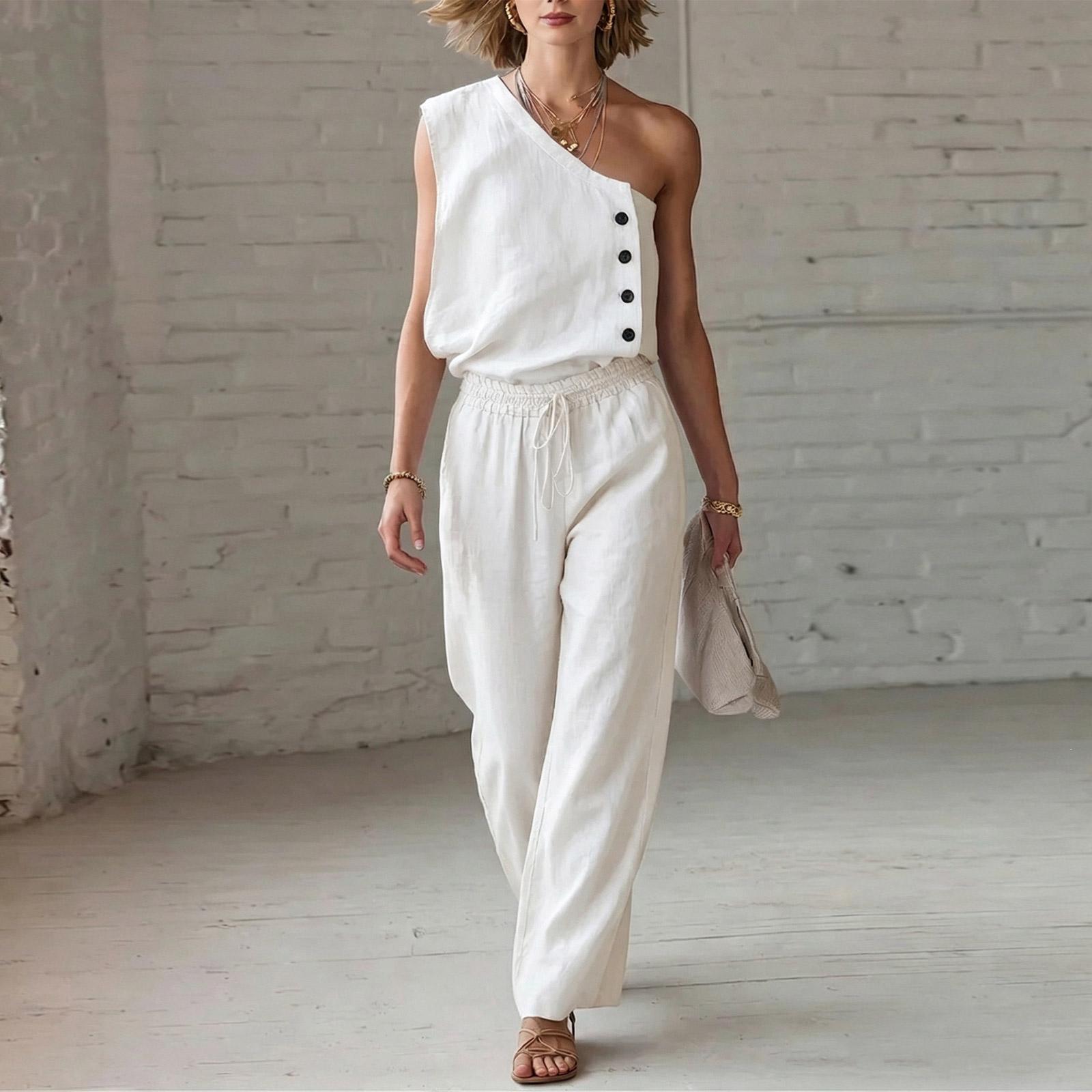

Women Sleeveless One Shoulder Button Detail Top with Elastic Waistband Pants Two Piece Set Casual Loose Fit Lightweight Fabric XXL білий