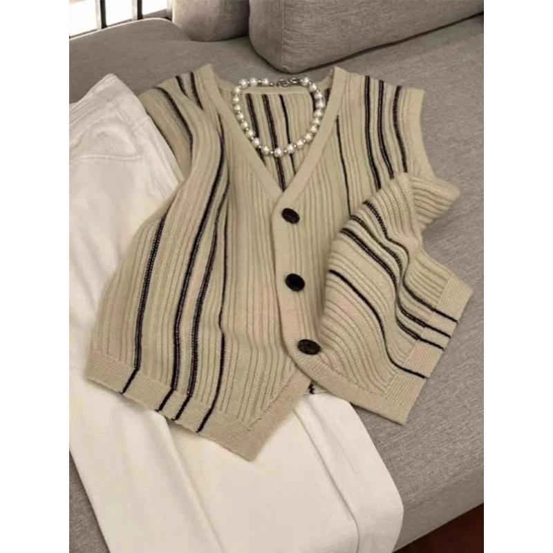 

All Match Retro Style Striped V-neck Sleeveless Knitted Vest Women s Spring and Autumn New Versatile Layered Fashion Top L хакі