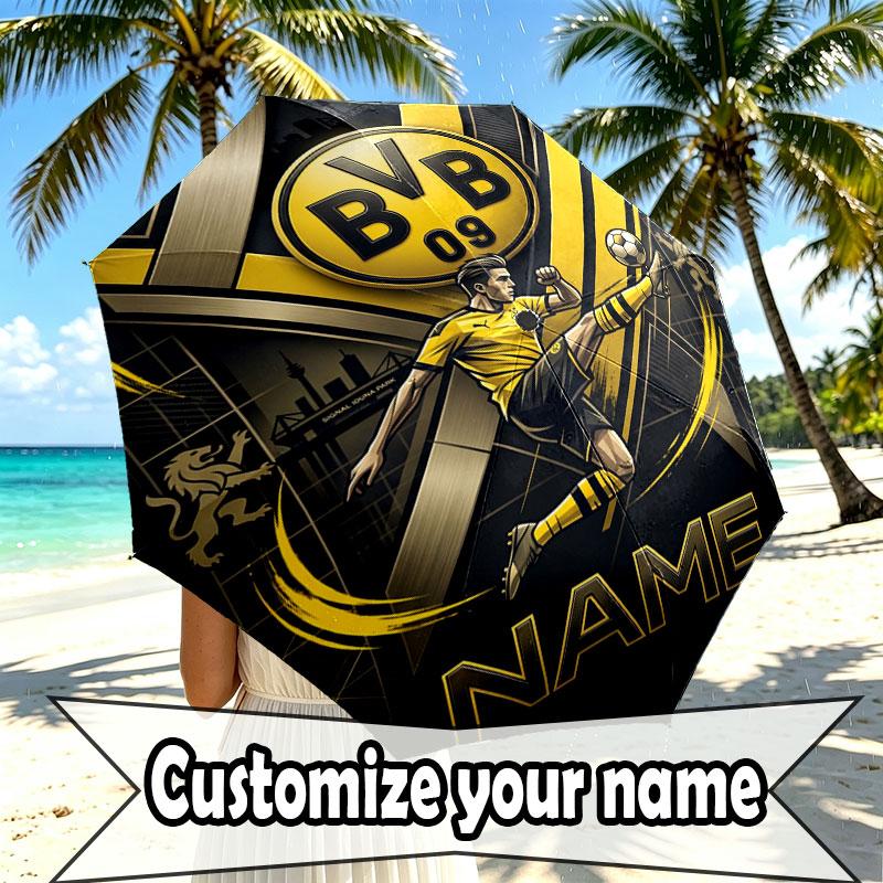Custom Name Personalized Borussia Dortmund Bvb Print Umbrella, Auto Open Close, 8‑Rib Sturdy Frame, Commute Camping Hiking Use, Birthday Gift
