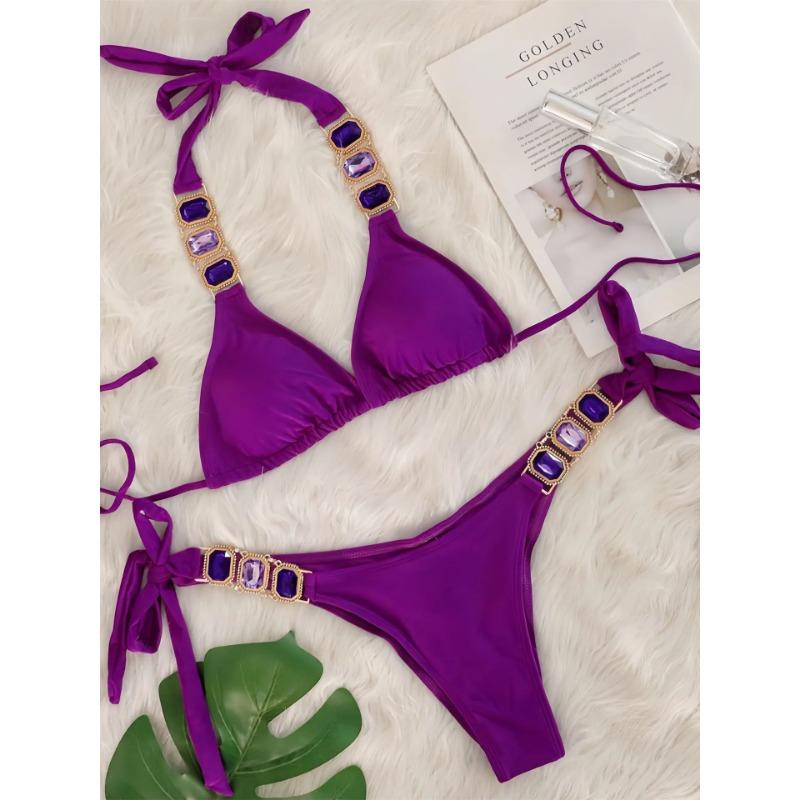 Sexy Rhinestone Bikini Set Women 2025 Luxury Pink Crystal Diamond Push Up Bandage Thong Swimsuit Beach Bathing Suit Swimwear