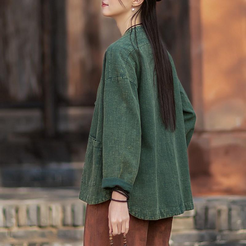 Johnature Women Vintage Shirts Tops Spring Chinese Style Solid Color Stand Long Sleeve Pockets Blouses