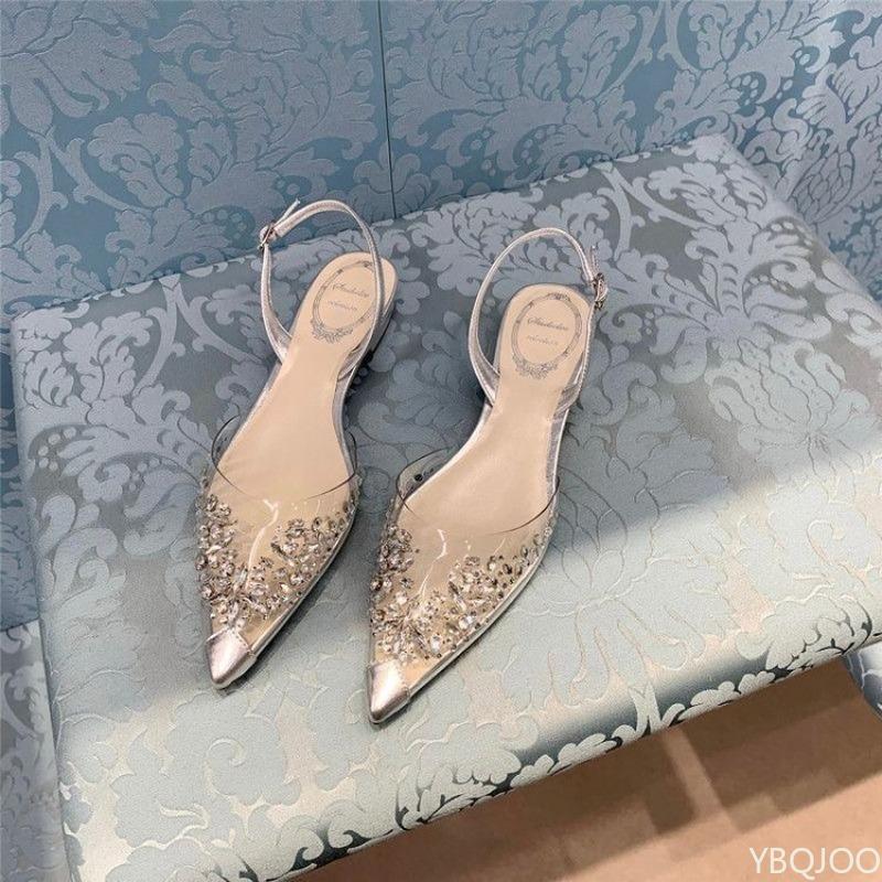 Fashion Summer pointed rhinestone transparent low heel flat sandals spring  summer new styles niche Baotou style women's shoes