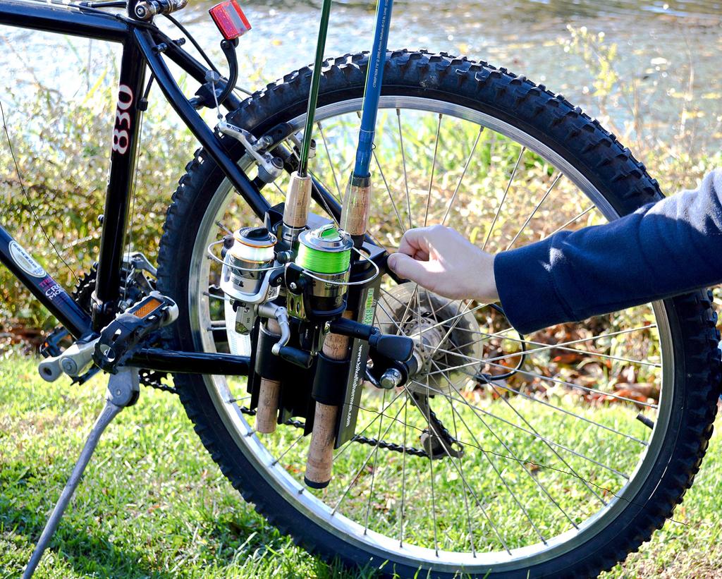 InMotion Bike Fisherman Bike Držák na rybářské pruty Bezpečně drží rybářské pruty na vašem kole Snadno montovatelný nosič prutů na kolo