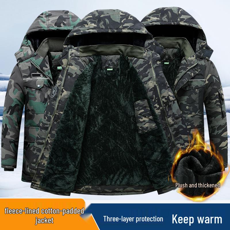 Men's Mid-Length Camouflage Cotton Jacket: Thick, Waterproof, Cold-Proof with Fleece Lining & Reflective Strips for Winter Workwear
